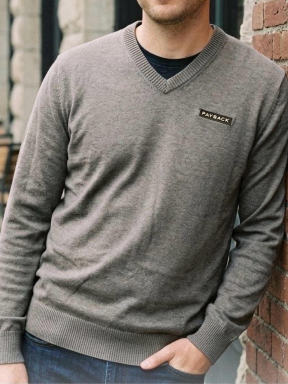 Eddie Bauer Men's XL Brown Gray V-Neck Cotton Cashmere Fall Casual Sweater [593]